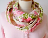 Romantic Floral Infinity Scarf. Circle Scarf. Womens Scarf. Spring. Pink Roseprint. Fresh green. europeanstreetteam