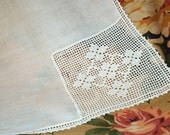 Vintage White Cotton Tablecloth with Filet Lace Corner 34" x 35"