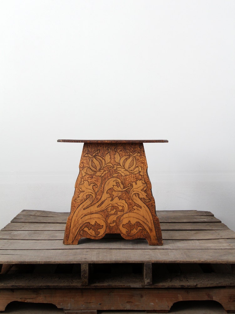 Antique Wood Table / 1900s Pyrography Table / Art Nouveau