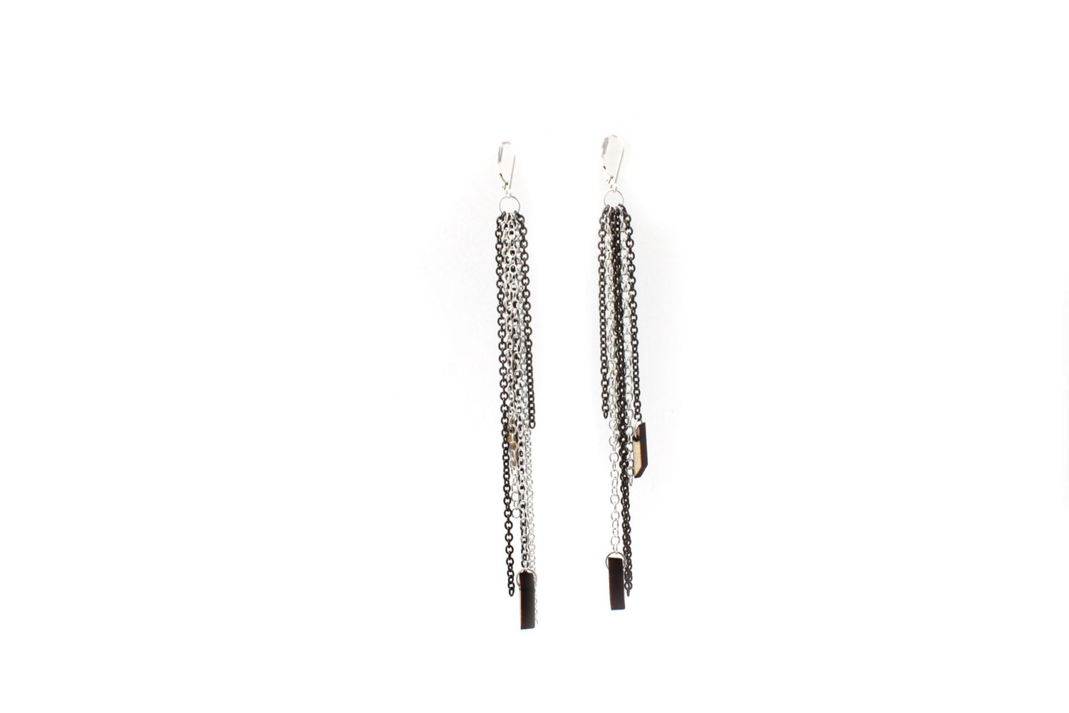 The Sasha Earrings - Sterling Silver and Gunmetal Chain Long Dangling Earrings with Laser Cut Wooden Rhombus