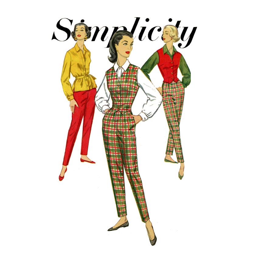 Blouse and Pants Pattern Simplicity 3270 Misses 1950s Slim Pants Vest and French Cuff Blouse Bust 36 Womens Vintage Sewing Pattern UNCUT