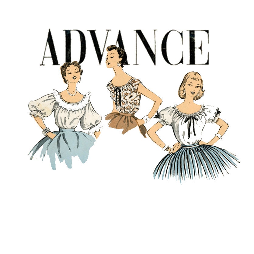 1950s Blouse Pattern Advance 6754 Misses Pullover Drawstring Scoop Neck Gypsy Peasant Tops Womens Vintage Sewing Pattern Bust 30