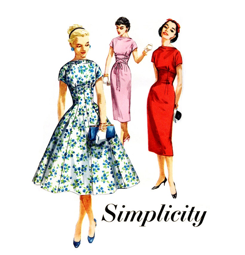 Evening Dress Pattern Simplicity 1510 Misses 1950s Day or Evening Sheath or Full Skirt Midriff Dress Bust 32 Womens Vintage Sewing Pattern