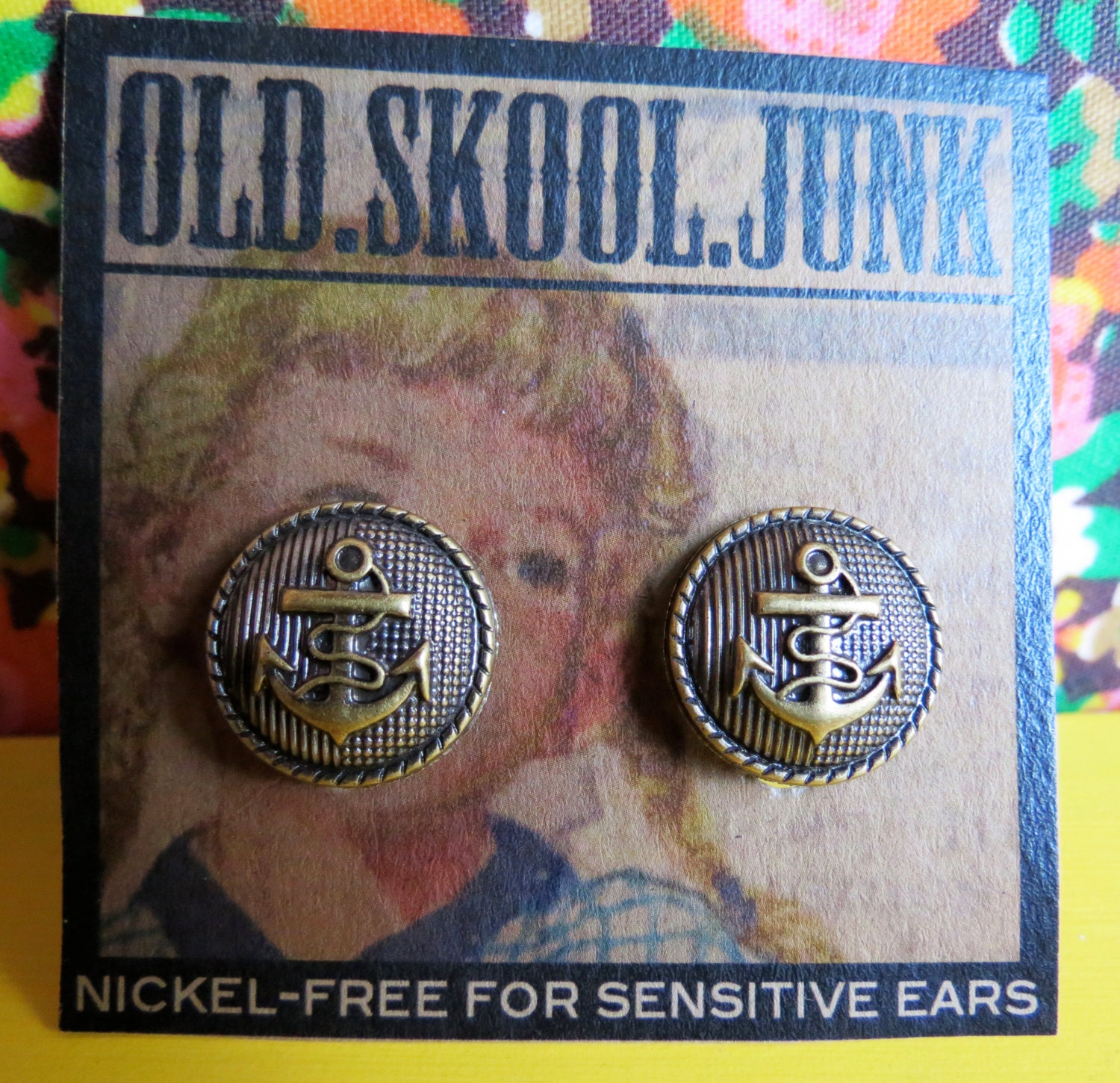 Clip On Earrings. Vintage Anchor Button Earrings.