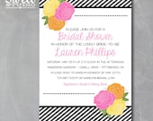 Fun & Modern - Black and White Stipes - Pink Orange Yellow Floral DIY Printable Bridal or Baby Shower Invitation - 5x7 - customized text