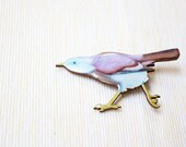 Bird Brooch, Grey, light blue, purple, Forset Animal,  Wooden Wood, Pin Broach, Vintage Illustration, Nature, Sweet