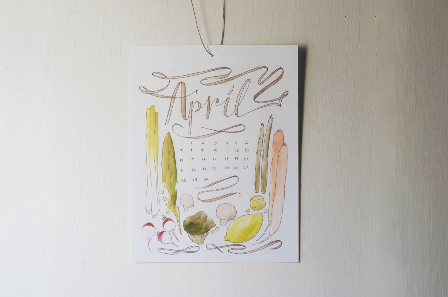 SALE fresh produce 12 month 2013 wall calendar - seasonal foods hand illustration in color