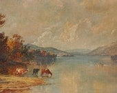 Vingtage Poster of Oil Painting, Livestock, Lake, Mountians, Boat