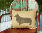 Handmade Stenciled Corgi Silhouette Burlap Pillow-Insert Included