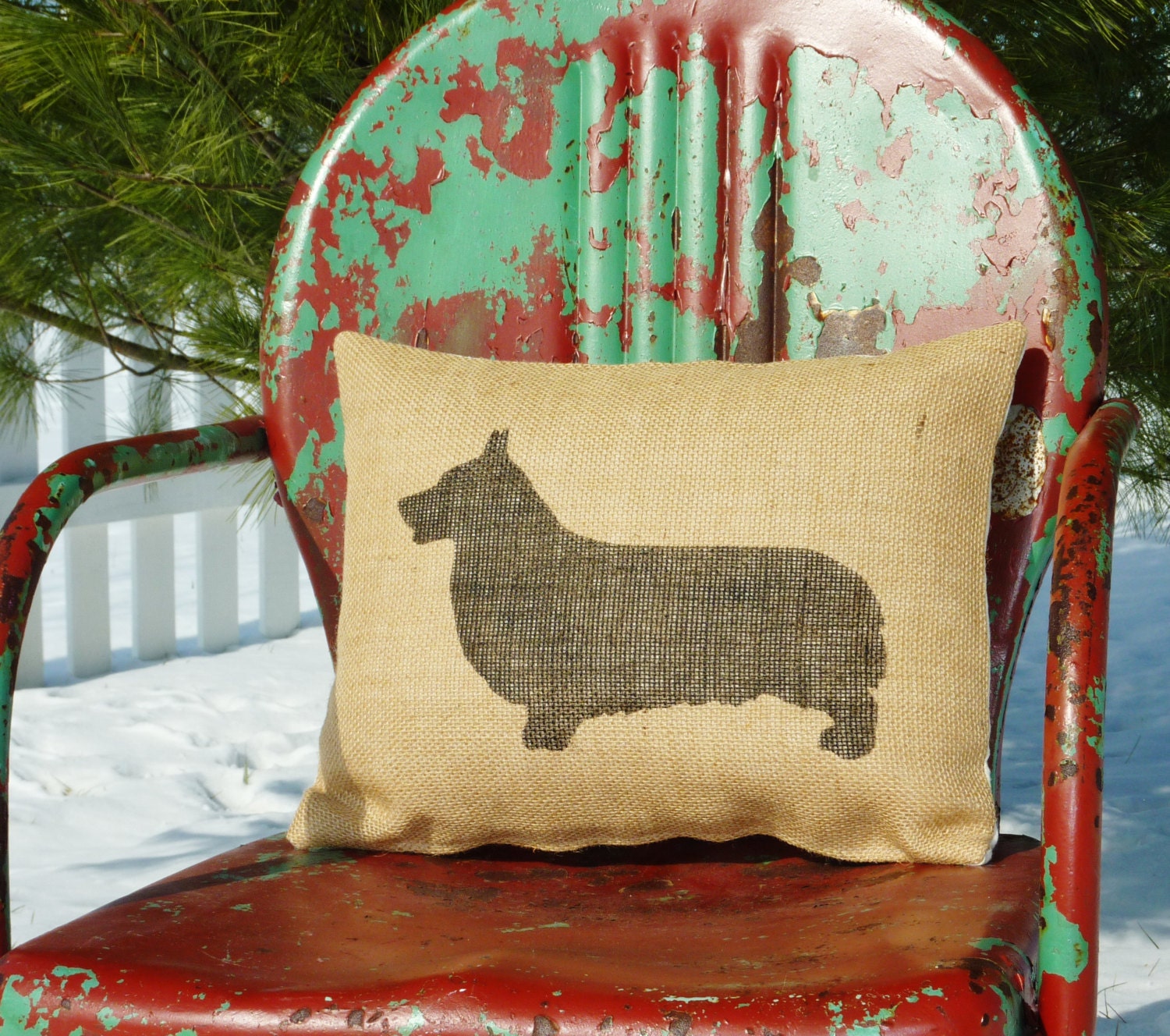 Handmade Stenciled Corgi Silhouette Burlap Pillow-Insert Included