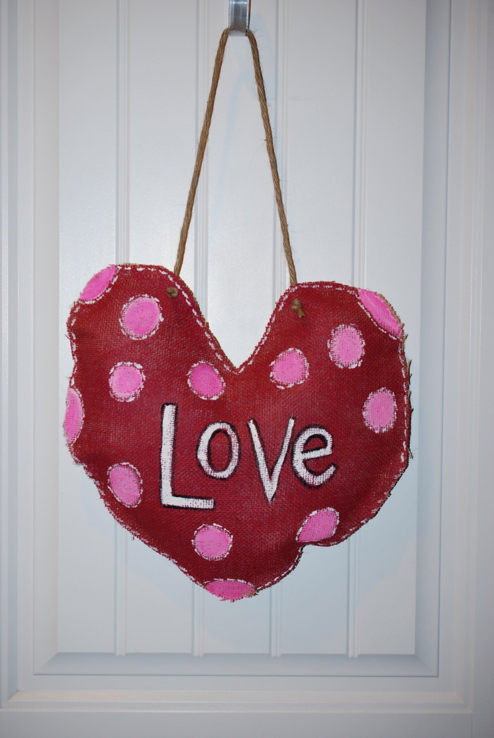 Painted Burlap,Red Heart with Pink Polka Dots,Love,Wall/Door Hanging, Home Decor, Decoration, Valentine, Door Decor,love,wedding