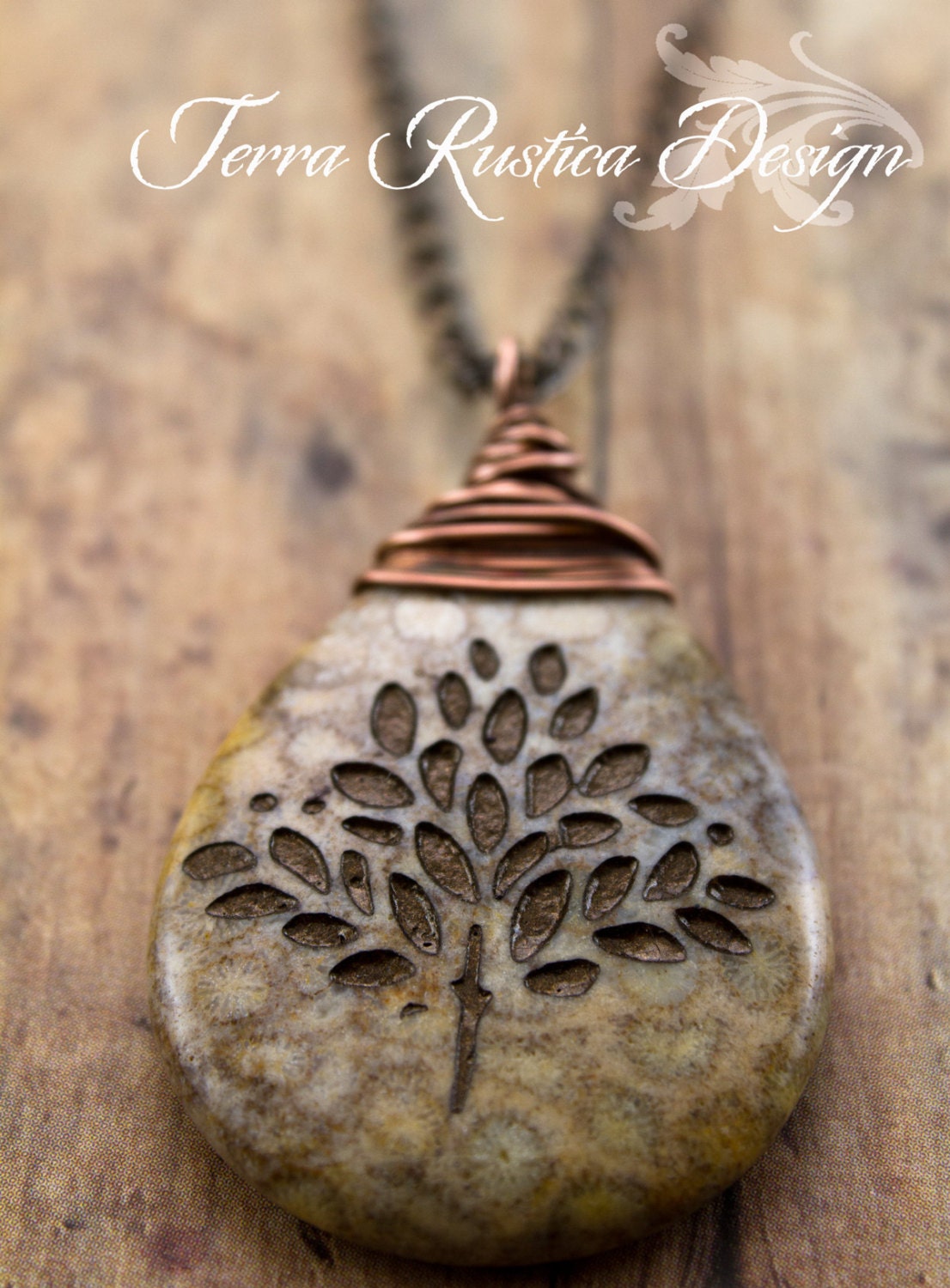 Tree of Life necklace-Fossil coral stone-Engraved pendant-Made To Order
