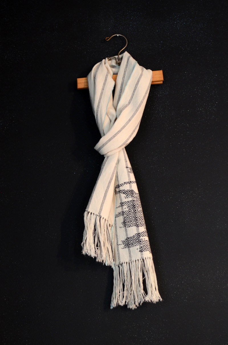 White and Black Cotton Scarf with Black inlaid Pattern