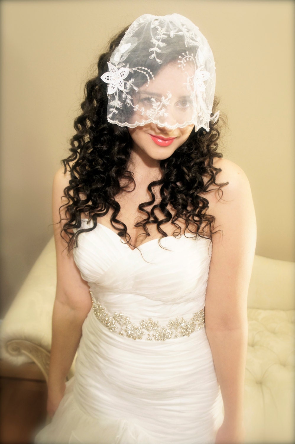 Creteil Bridal White Embroidered Birdcage Veil