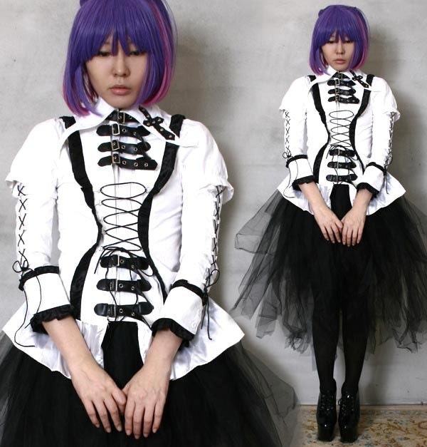 Aristocrat Gothic Victorian Lolita Punk emo LARP Buckle Strap Corset Bat Shirt