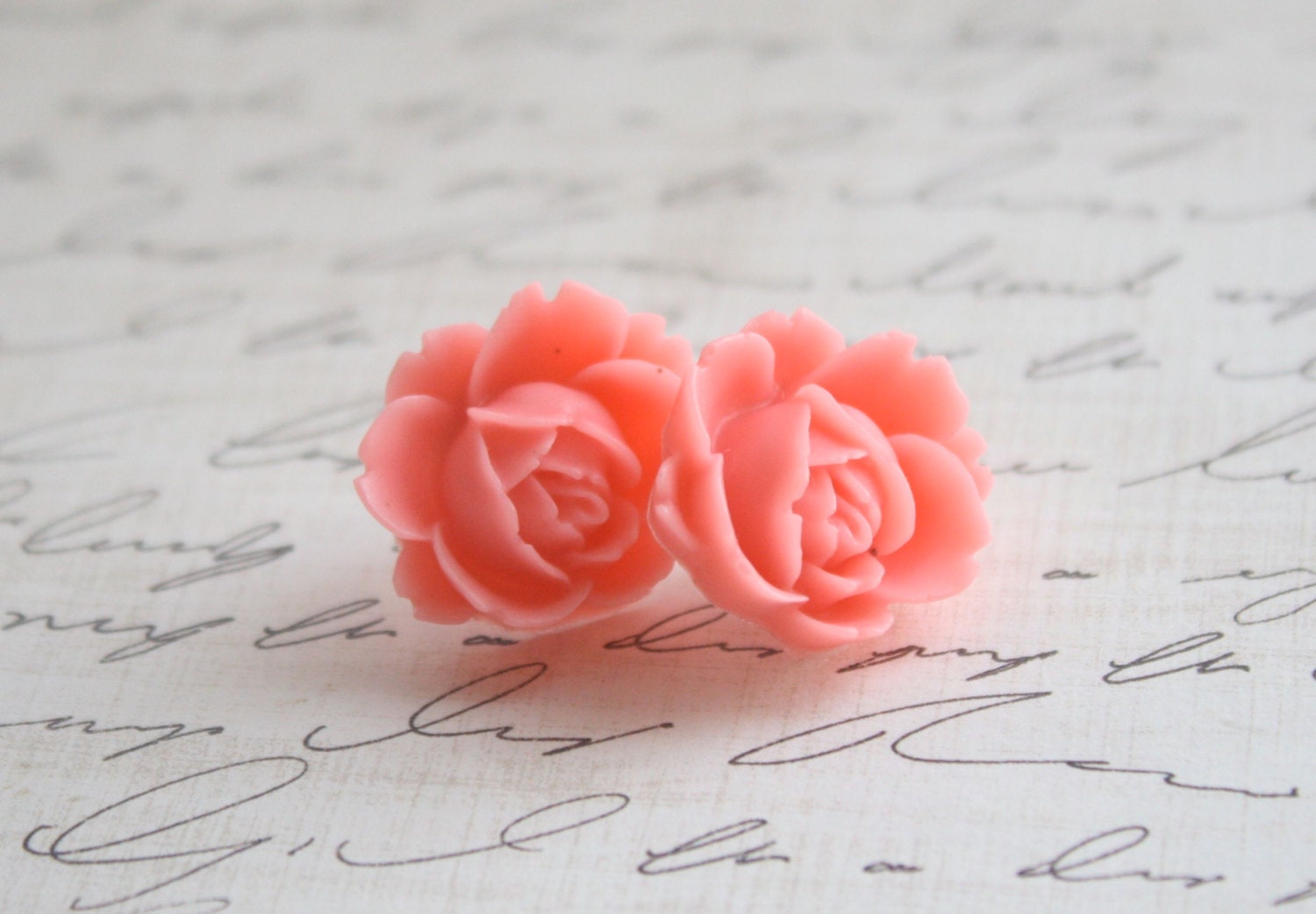 Coral Cabbage Rose Earrings - Coral Wedding - Coral Bridesmaid - Coral Roses - Bridesmaid Earrings - Coral Rose Earrings - Rosette Earrings
