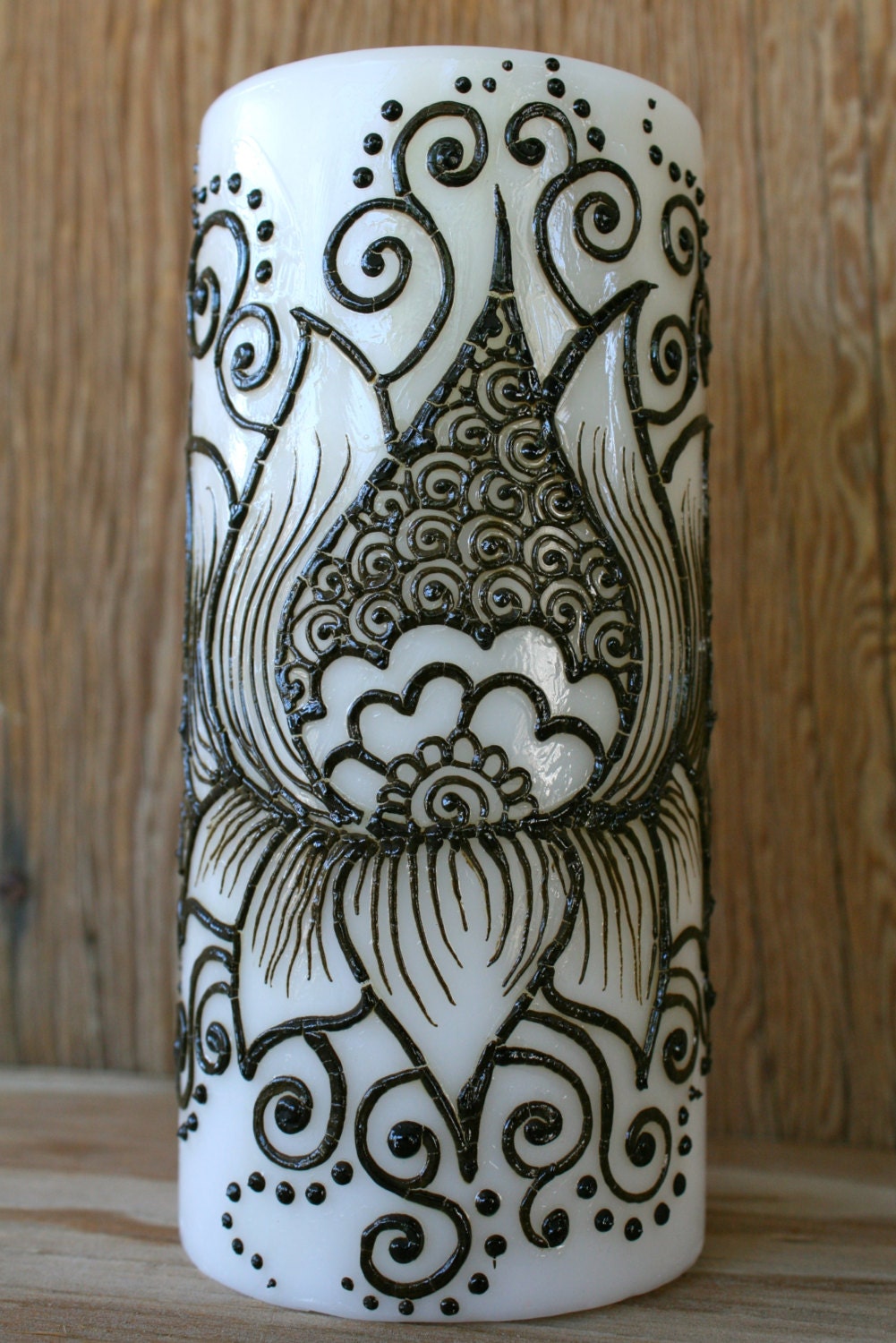 Henna Lotus Flower Candle, White pillar candle decorated with henna