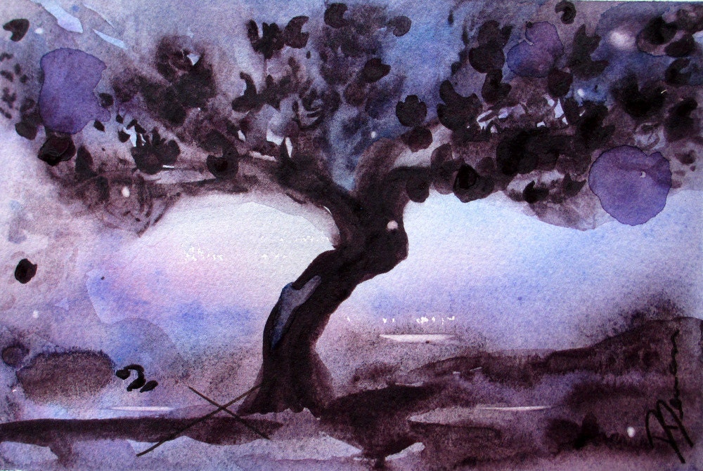 Original Watercolor Painting of Moonlit Tree, Landscape Art