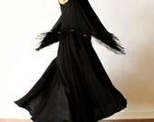 Avant Garde Maxi Dress, 80s Black Fringe Boho Beach Witch hippie summer one size a line sleeveless shawl tiered Moroccan summer sundress