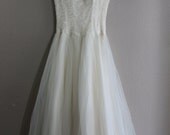 Vintage 1950's 50s Bombshell ivory white Ruched Chiffon Circle Skirt Party Prom Wedding Dress-