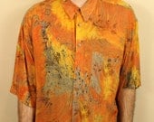 90s Mens Burnt Orange / Yellow Astract Print Button Down Collar Shirt
