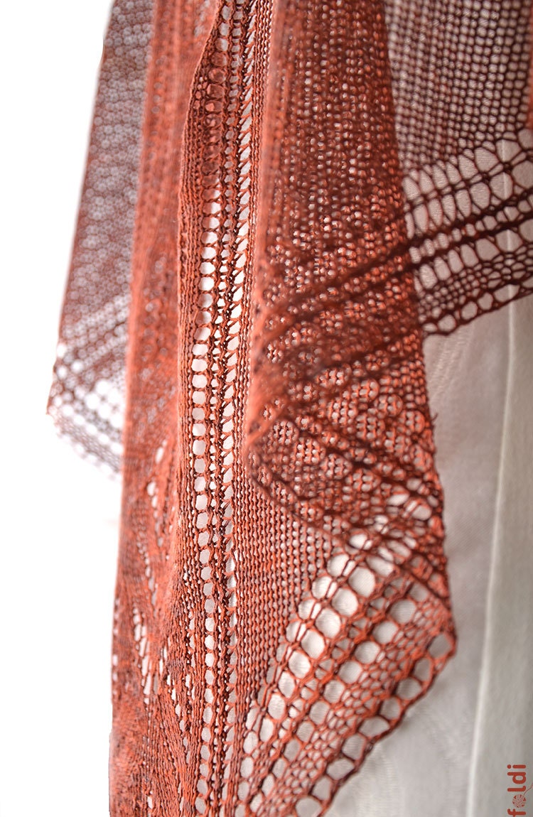 OOAK Knitted pure silk lace scarf shawl wrap in copper red orange rust colour