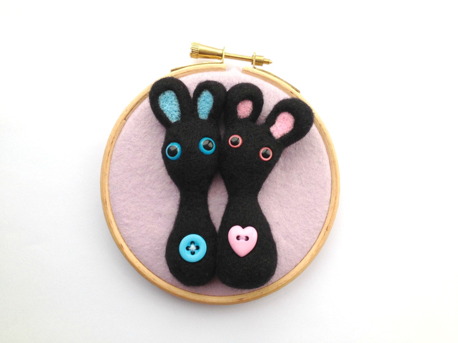 Felt Bunny Rabbit Couple Embroidery Hoop - Needle Felted Black and Pastel Rabbit Wall Art