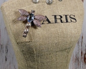 Vintage Mod DragonFly Crystal Silvertone Pin Brooch
