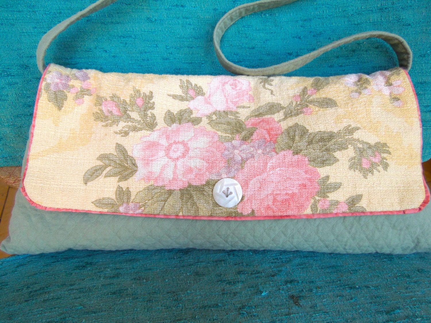 Vintage Roses Shoulder Bag Purse Hand Carved Pearl Beaded Buttons Quilted Fabric Handmade by Karyn Miracle