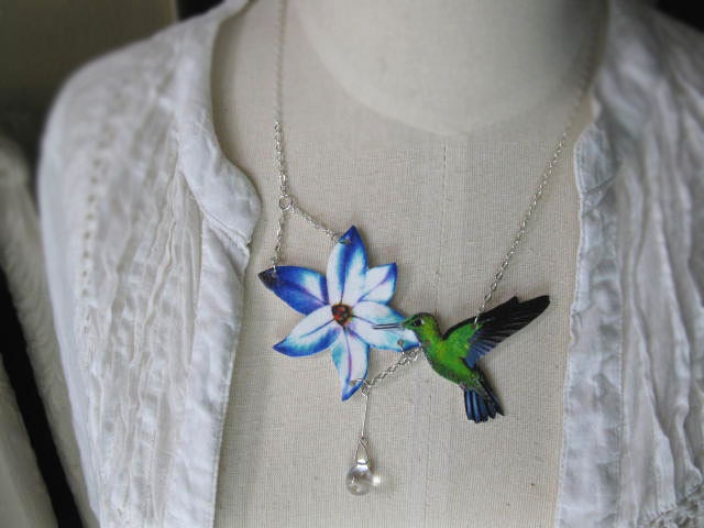Hummingbird Necklace Spring Trend Mother's Day Woodland Statement Green and Purple with Rain Drop