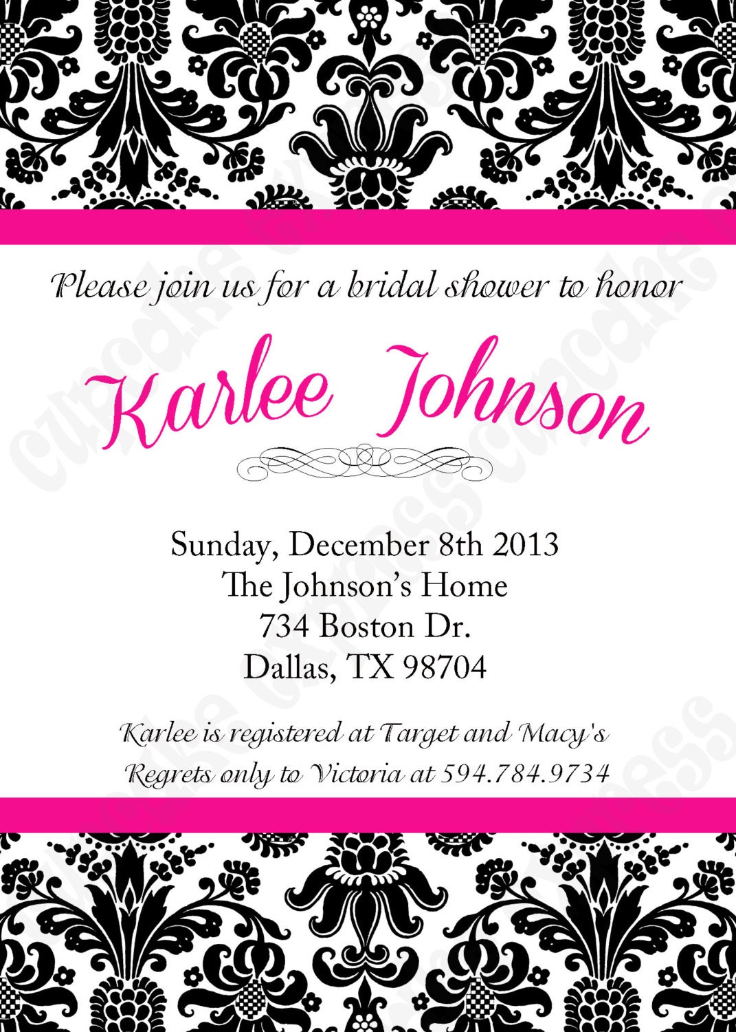DIY Bridal Shower PRINTABLE Invitation 5x7 Black, White, Hot pink damask Wedding, baby shower Il_170x135