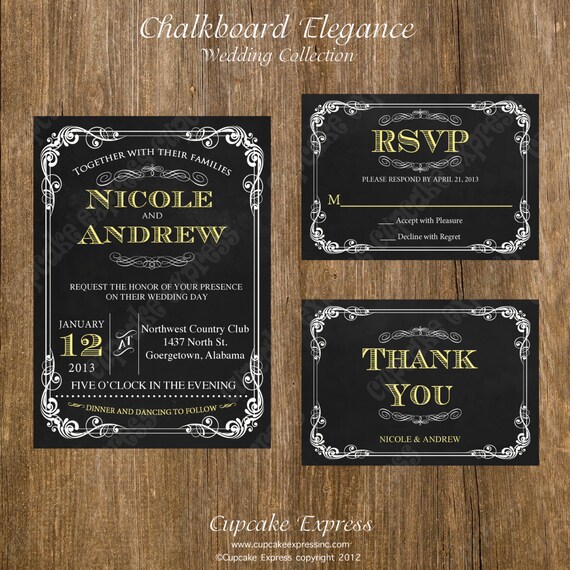 DIY Wedding Chalkboard Elegnace 1 PRINTABLE set Invitation 5x7 rsvp thank you card grey Yellow wedding shower You Pick Colors Il_570xn