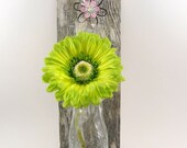 upcycled wood wall hanging,  vintage style milk bottle vase, metal flower, rustic, shabby chic
