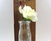 upcycled wood wall hanging,  glass vase, metal vintage flowers, rustic, shabby chic