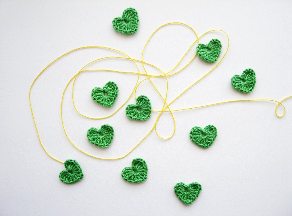 Crochet Heart Appliques, Spring Green, Set of 10, Valentines Day Heart Love Motif, Scrapbooking, Party Decorations, Vintage Pale Green Heart