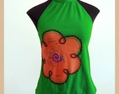 Green, Sexy, turtleneck halter top, salmon pink flower appliqué- MXD-lab