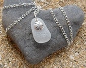 Sea Glass Necklace, Sterling Silver, Sand Dollar, White Frosted Beach Glass, Hawaii Beach Jewelry, Sea Glass Jewelry