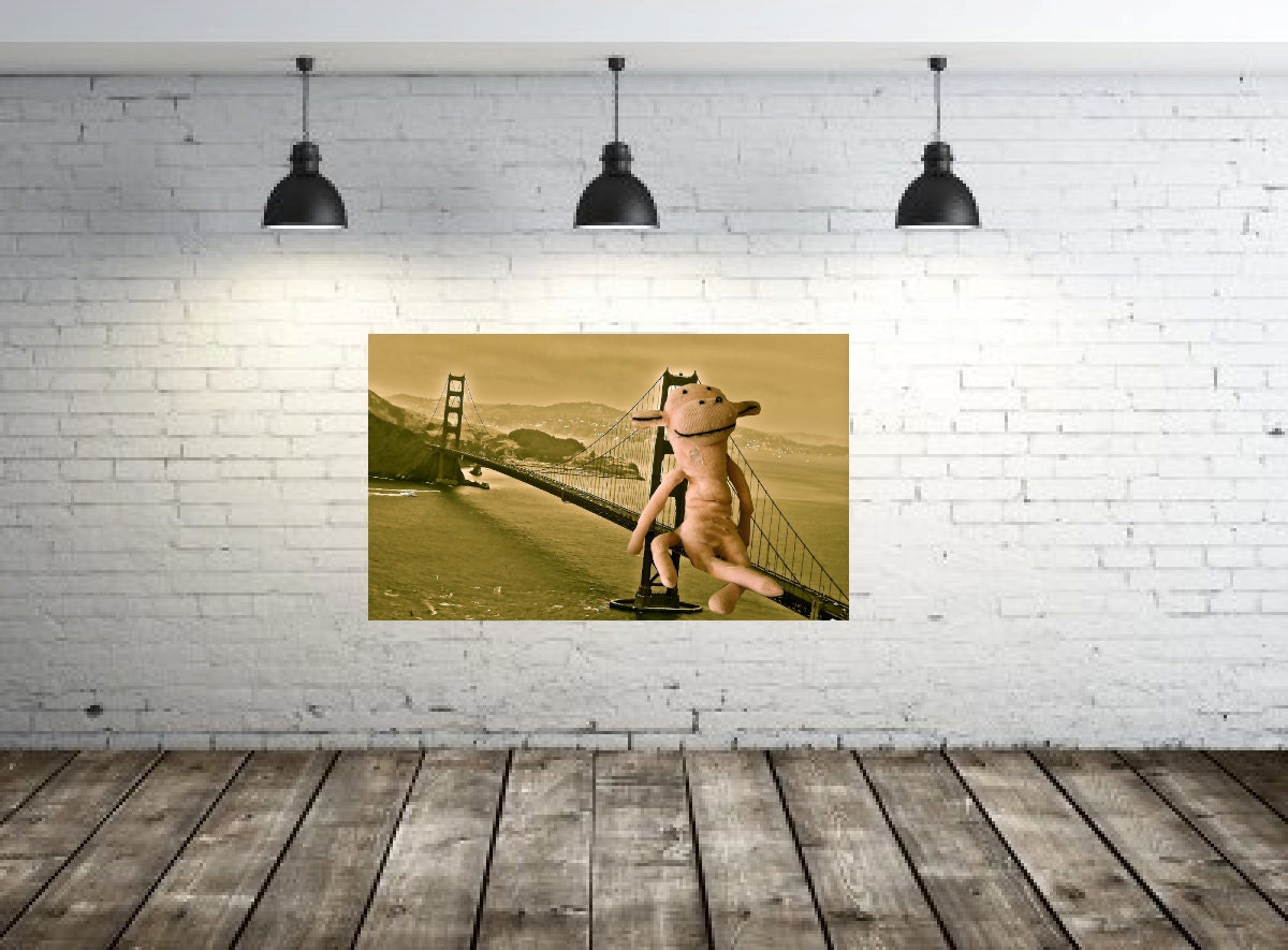 SALE sock monkey foam wall art original mounted photo collage, 16"x 26" A Sock on the Iron Horse foam core board photography artwork