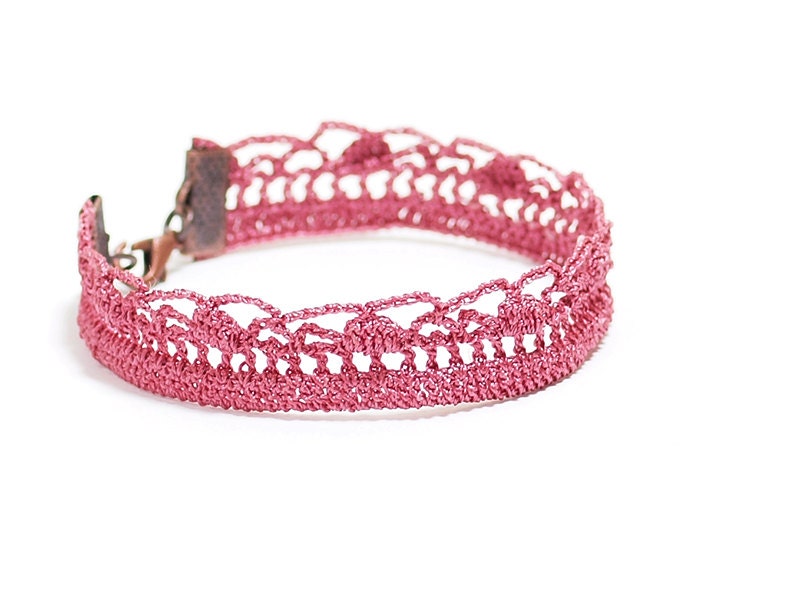 Crochet Bohemian Chic Bracelet in Cerise Pink Varnished Victorian Hippie Boho Gypsy Style Jewelry Circle Flower Lace