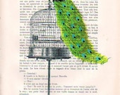 Peacock on birdcage - Mixed Media-Digital Illustration Print-Art Poster-Acrylic Painting-Holiday Decor-Drawing Illustration-Gift For Her