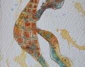 Whimsical Sea Horse Original Water Color Painting approx. 5 x 13 inches - Coastal - Beach Art - Condo Decor Ocean