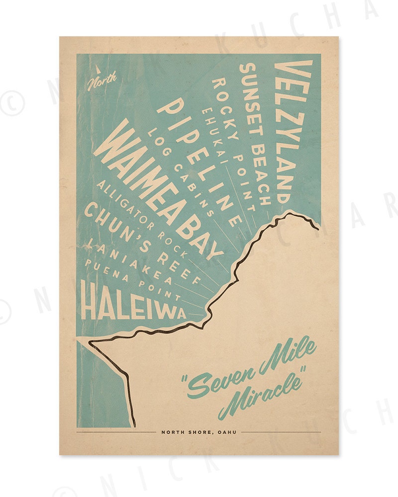 North Shore Oahu Surf Map - 12x18 Retro Hawaii Print