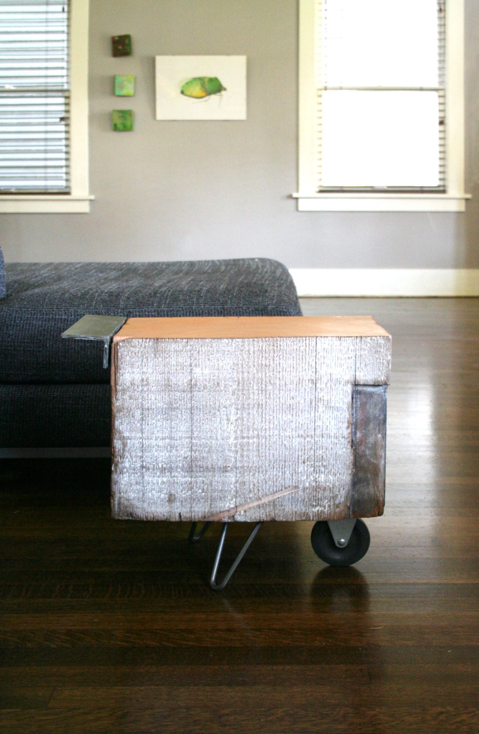 wheel koan coffee table - modern industrial - reclaimed old growth wood, recycled content steel and hairpin legs
