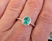 Emerald 14k Rose Gold Diamond Halo Engagement Ring May Birthstone Gemstone Ring