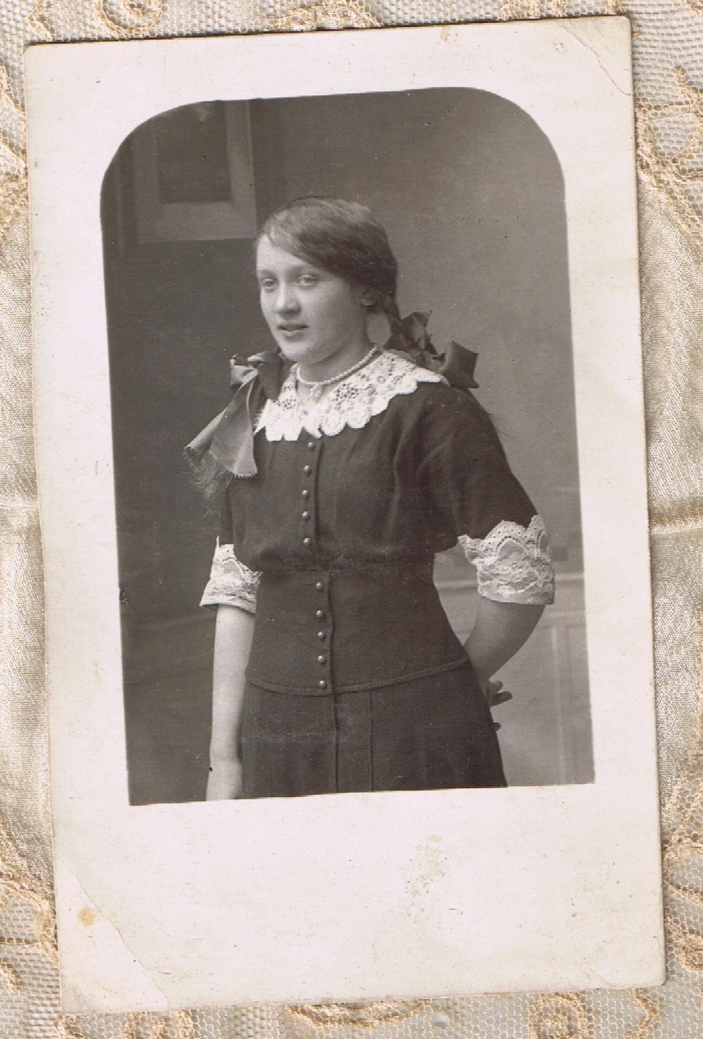 Pigtails and Promises - Sweetheart Surprise - Hiding Something Special - VTG RPPC Portrait ca 1910