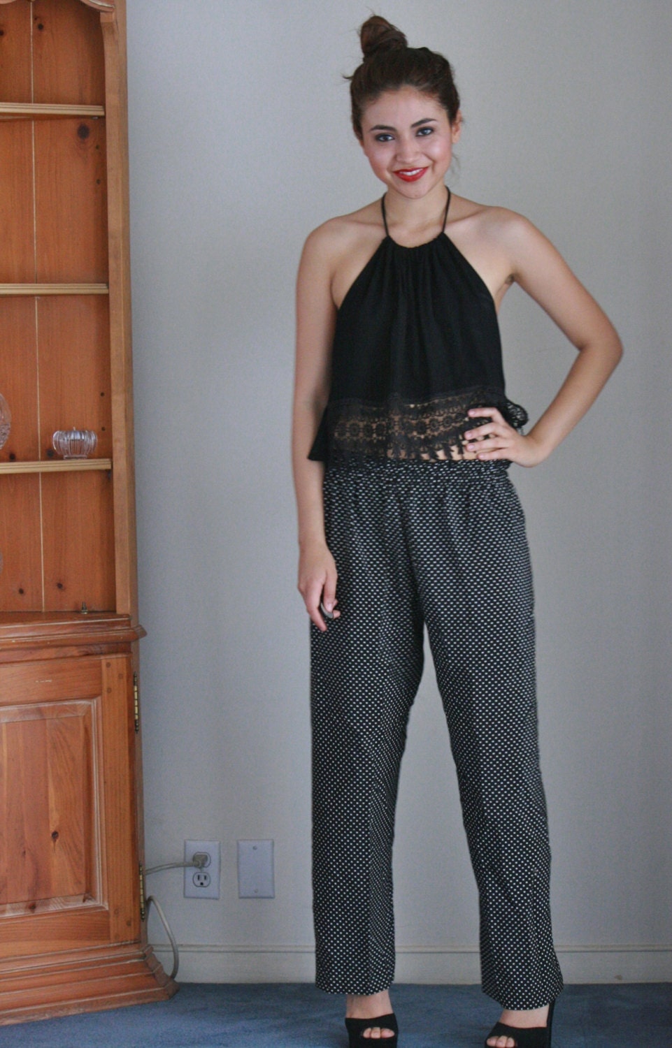 NEW Fun Black And White Flared Polka Dot Pants With Elastic Band at Waist. 70s Disco Pants. S-M.