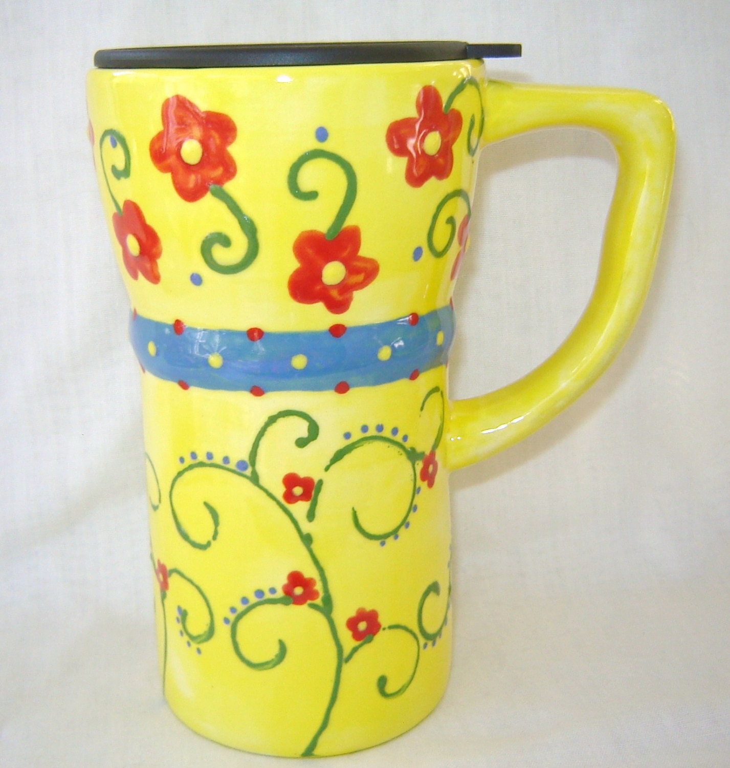 Eco Friendly Ceramic Travel Mug w/lid - Bright Yellow- Flowers & Swirls