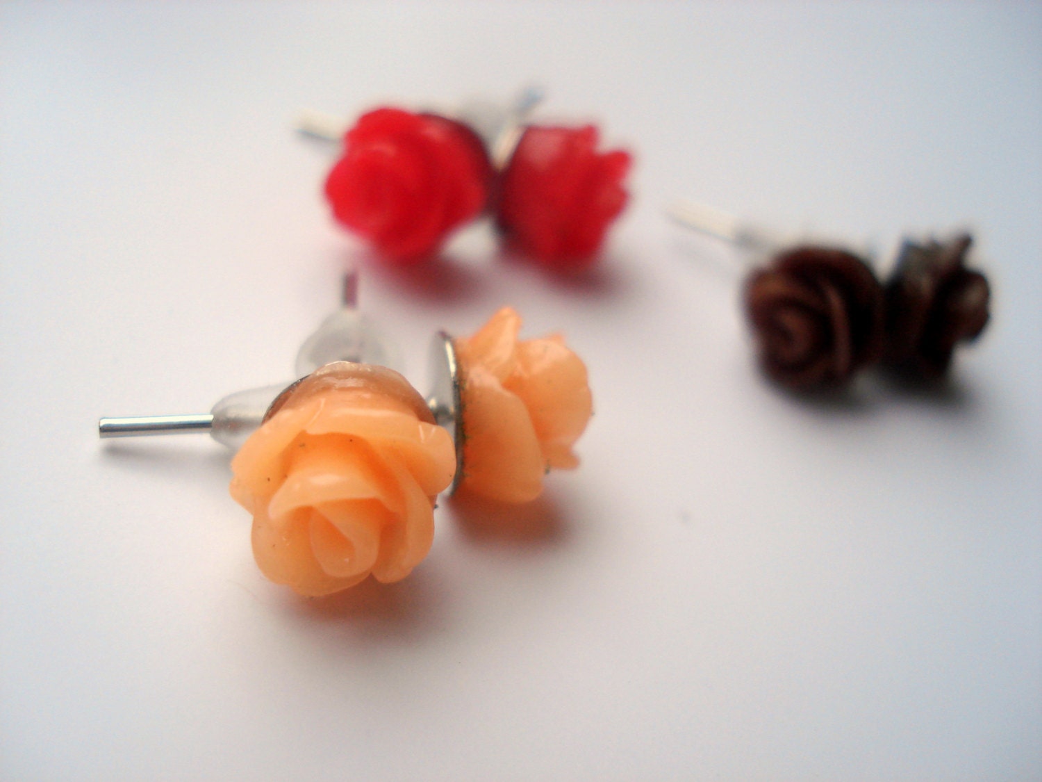 Set of Three Rose Earring Studs: Orange Sherbert Rose Studs, Red Flower Earrings, Chocolate Brown Rose Earrings