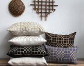 Penn Grid in metallic bronze hand printed on natural ecru organic hemp pillow cover 22x22