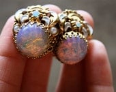 Free Shipping - W. Germany Iridescent Opal-like Costume Clip-on Earrings